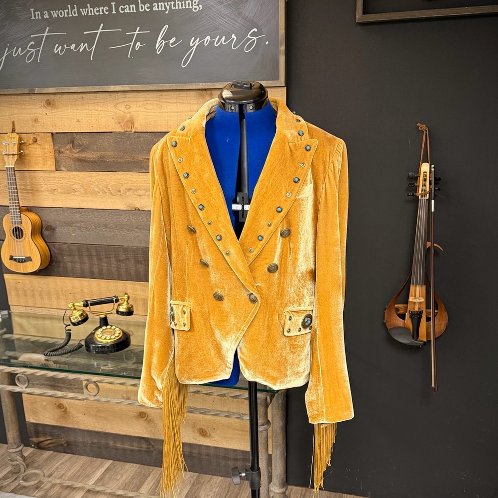 Custom Velvet Double Breasted Gold Blazer - Picture 10 of 10